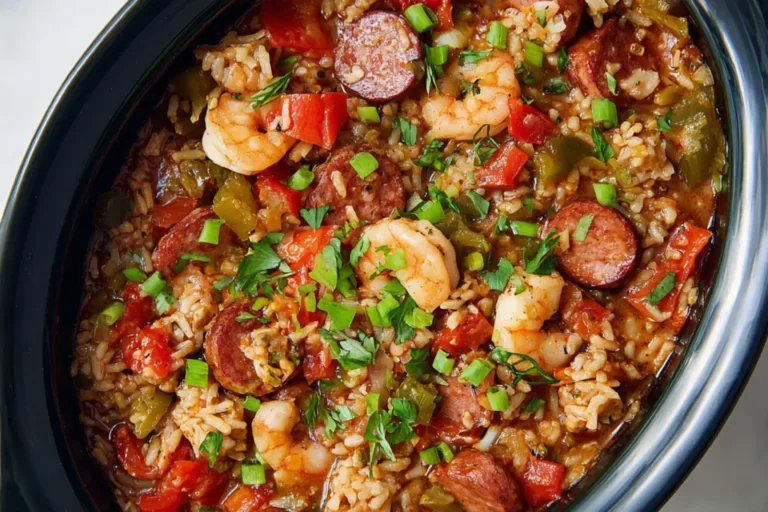 Slow Cooker Jambalaya recipe, served and ready to eat, easy homemade dinner