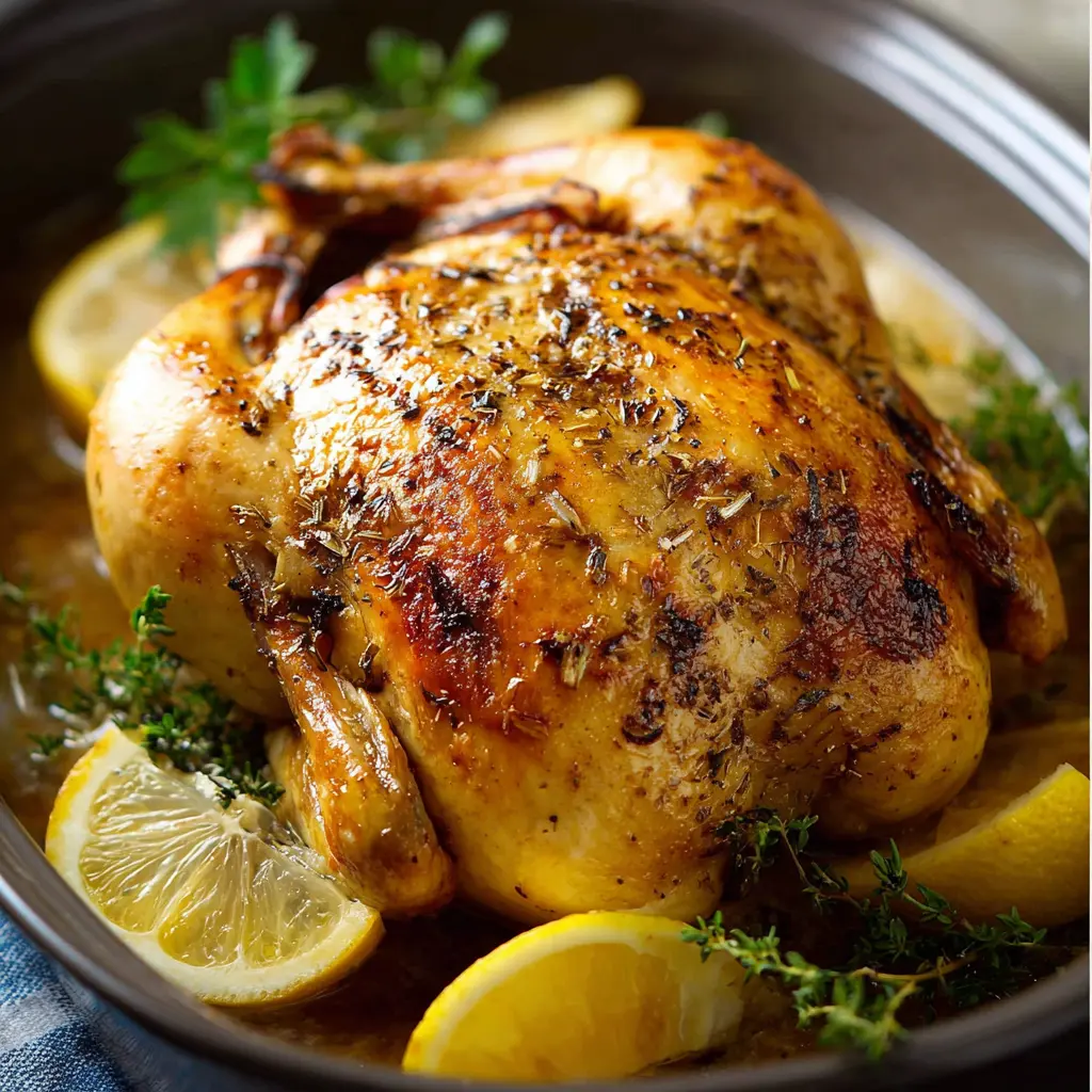Slow Cooker Lemon Garlic Roast Chicken served and ready to eat  easy homemade slow cooker dinner