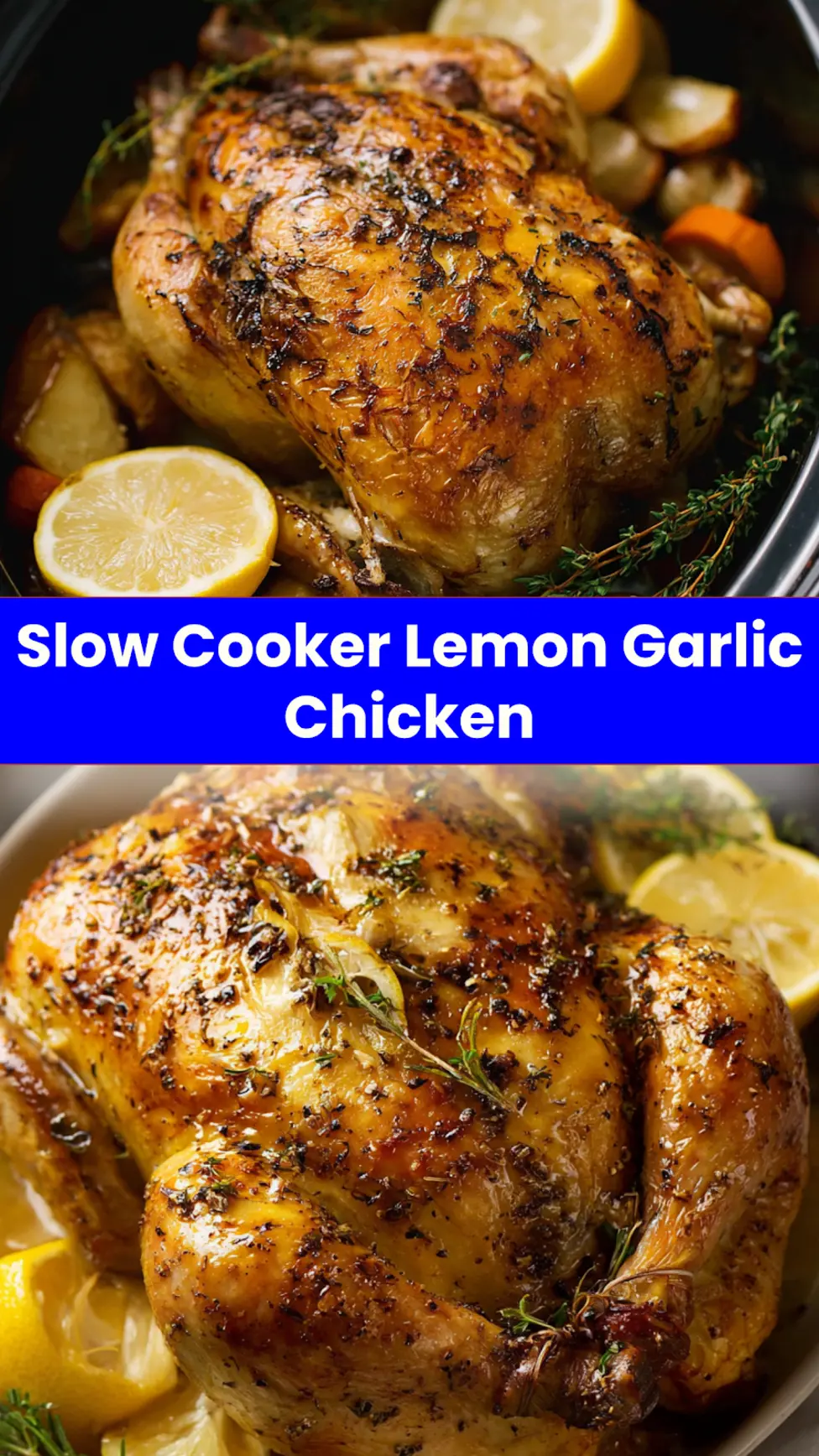 Slow Cooker Lemon Garlic Roast Chicken served and ready to eat  easy homemade slow cooker dinner