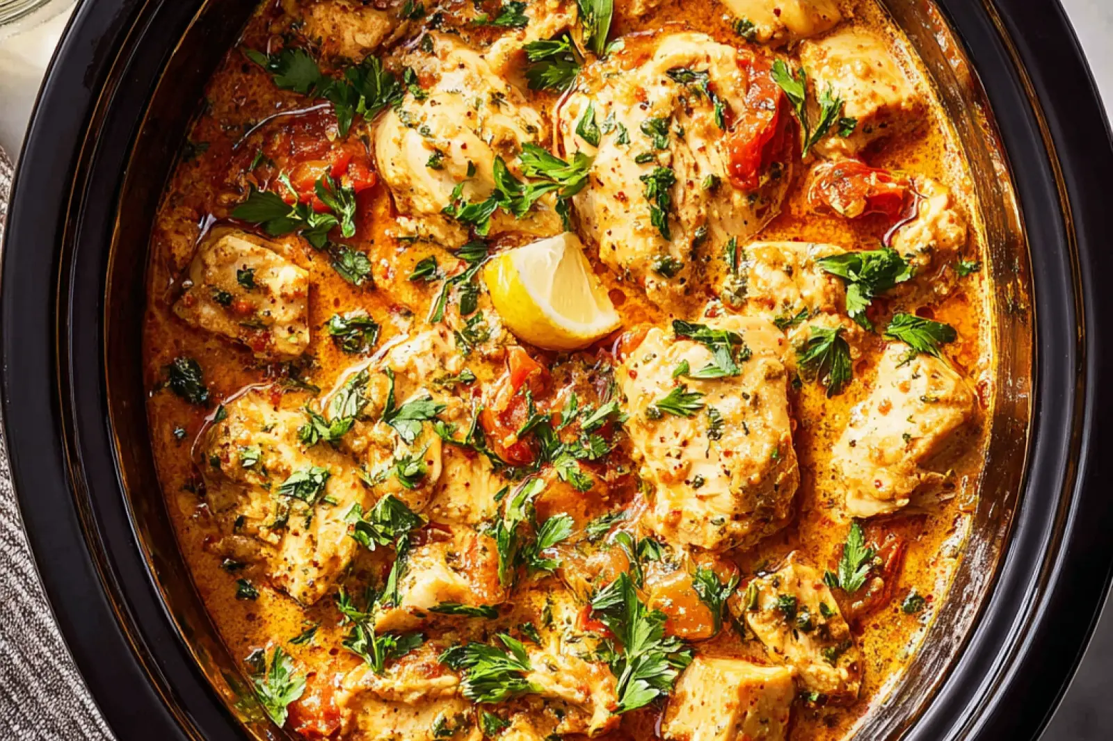 Slow Cooker Marry Me Chicken recipe, served and ready to eat, easy homemade dinner