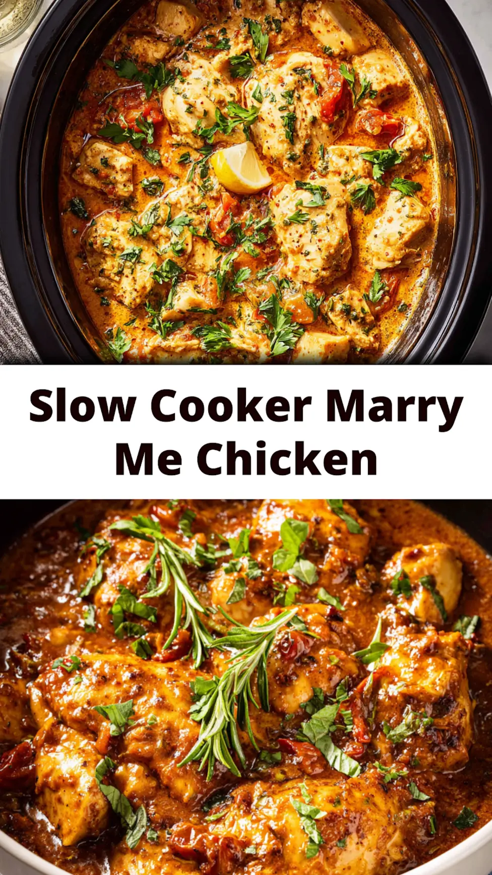 Slow Cooker Marry Me Chicken recipe, served and ready to eat, easy homemade dinner