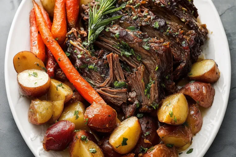 Slow Cooker Pot Roast Vegetables recipe, served and ready to eat, easy homemade dinner