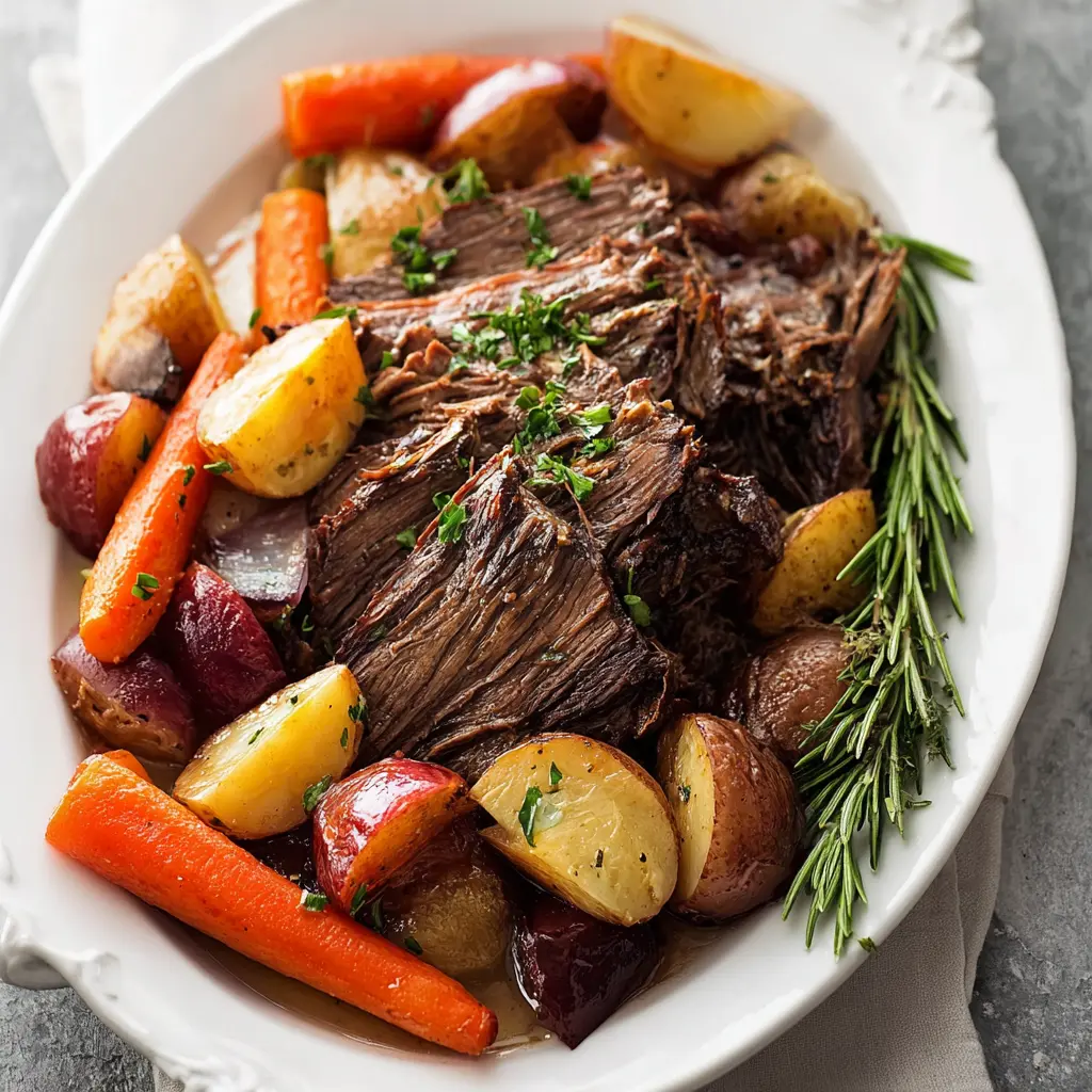 Slow Cooker Pot Roast Vegetables recipe, served and ready to eat, easy homemade dinner