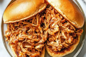 Slow Cooker Pulled Chicken Sandwiches recipe, served and ready to eat, easy homemade dinner