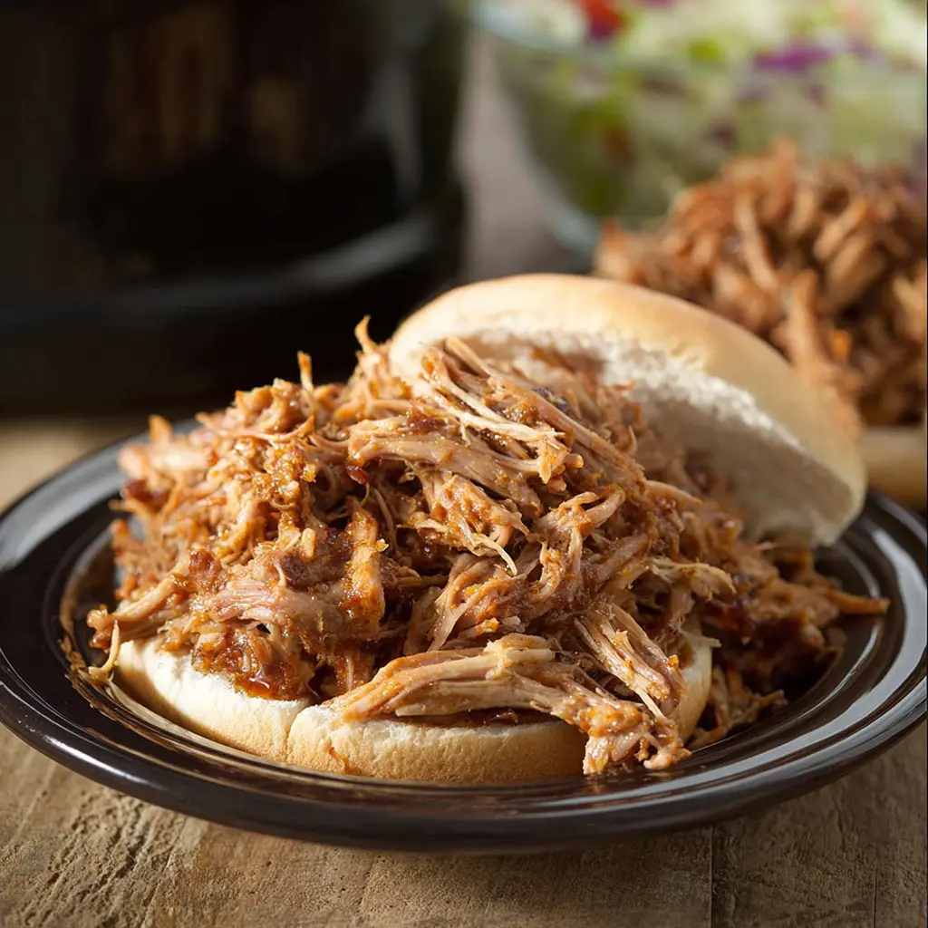 Slow Cooker Pulled Pork Summer recipe, served and ready to eat, easy homemade dish