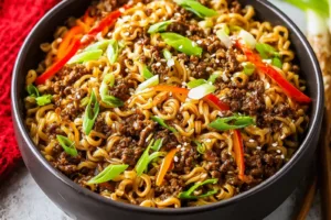Slow Cooker Ramen Noodles Ground Beef recipe, served and ready to eat, easy homemade dinner