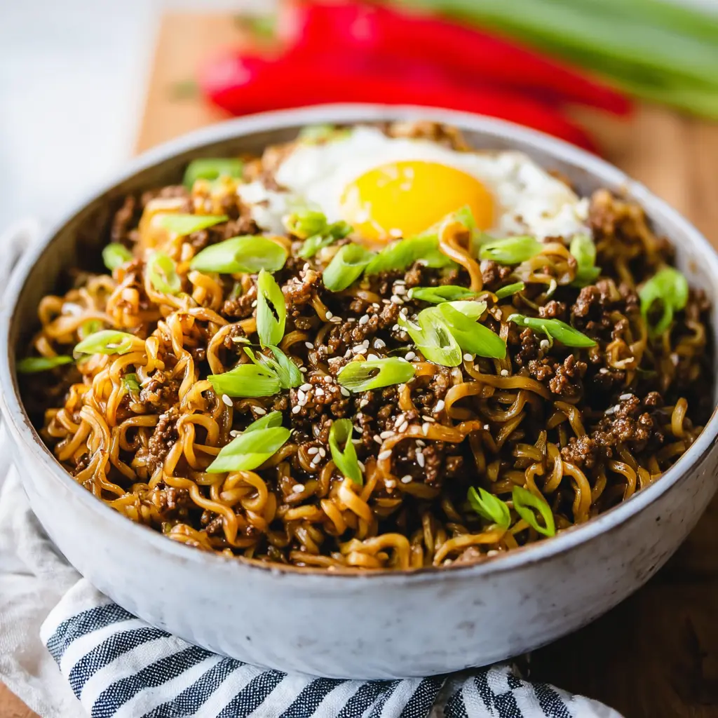 Slow Cooker Ramen Noodles Ground Beef recipe, served and ready to eat, easy homemade dinner