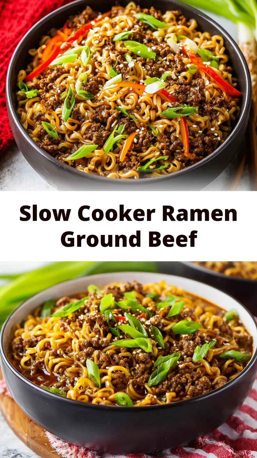 Slow Cooker Ramen Noodles Ground Beef recipe, served and ready to eat, easy homemade dinner