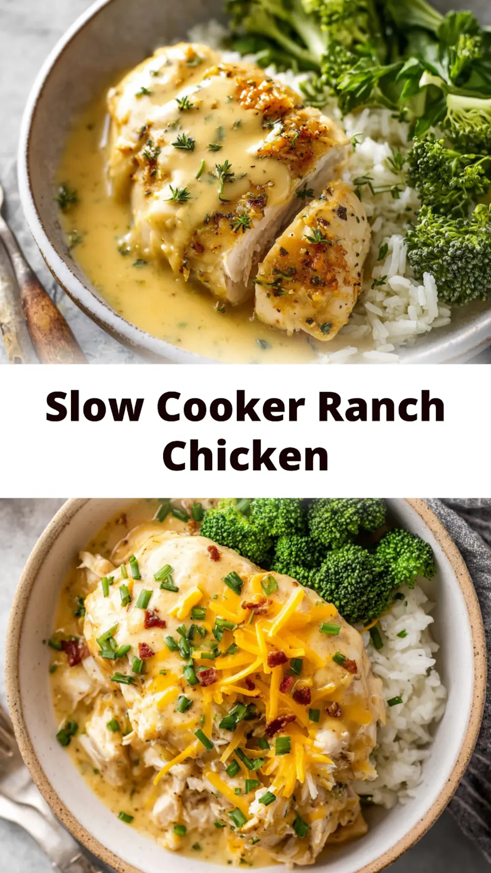 Slow Cooker Ranch Chicken served over white rice with creamy ranch sauce, easy slow cooker dinner pin