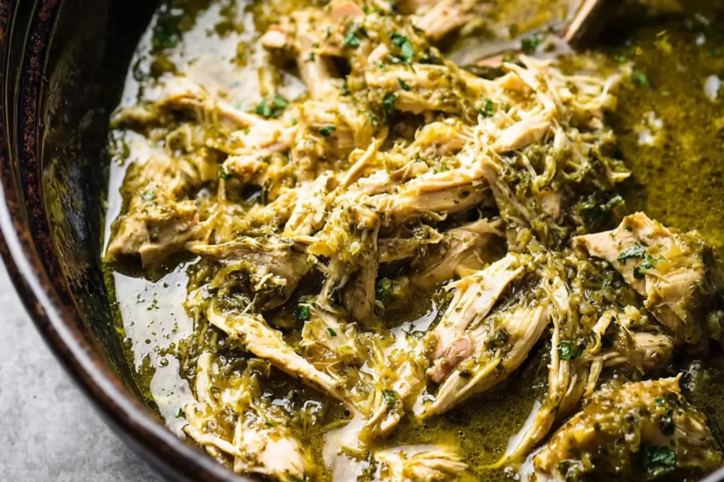 Slow Cooker Salsa Verde Chicken recipe, served and ready to eat, easy homemade dinner