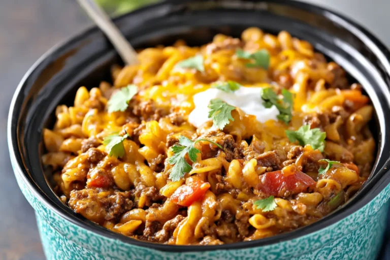 Slow Cooker Taco Noodle Casserole recipe, served and ready to eat, easy homemade dish