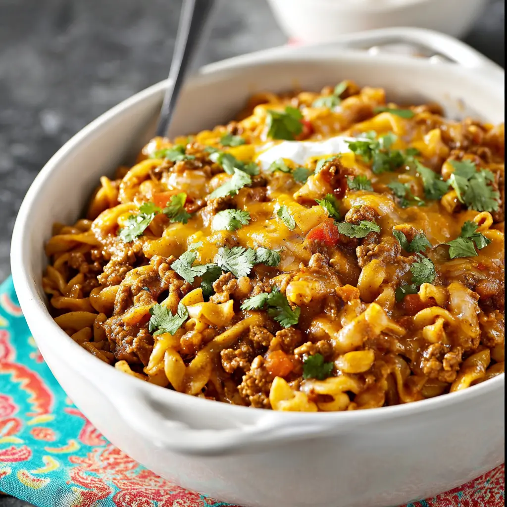 Slow Cooker Taco Noodle Casserole served in a bowl, ready to eat
