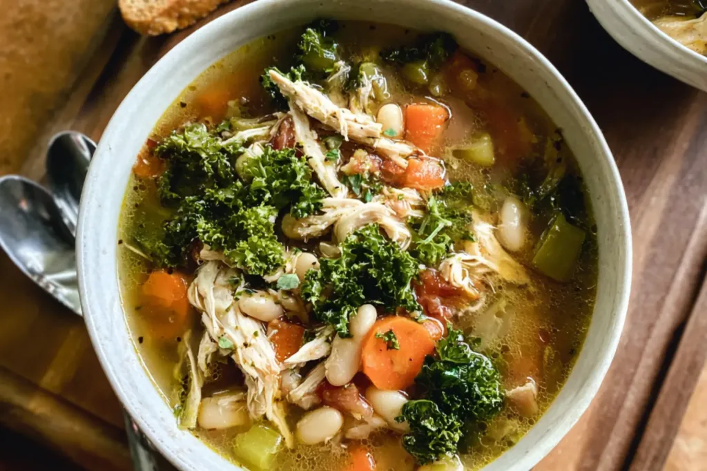 Slow Cooker Tuscan White Bean Chicken Soup recipe, served and ready to eat, easy homemade dinner