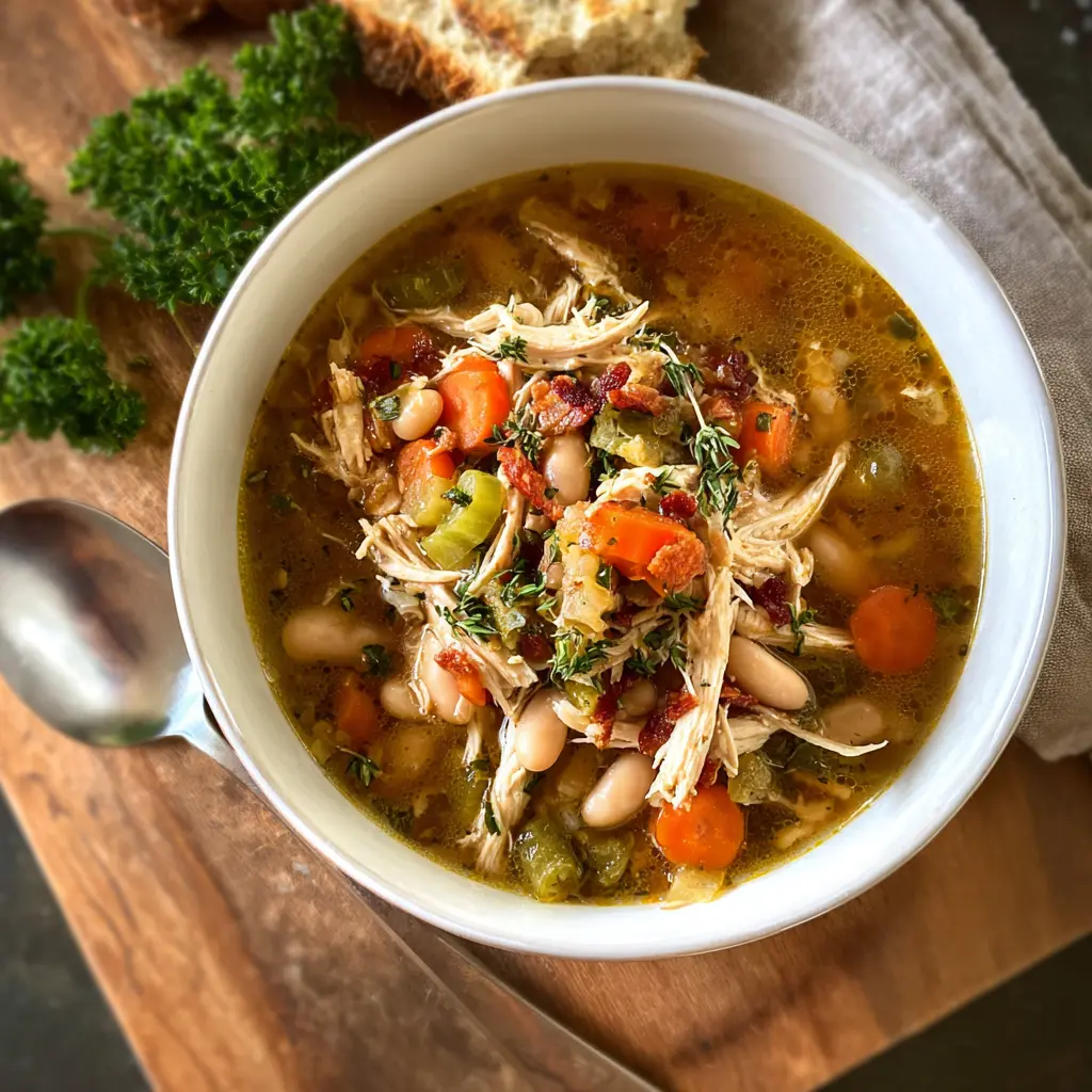 Slow Cooker Tuscan White Bean Chicken Soup recipe, served and ready to eat, easy homemade dinner