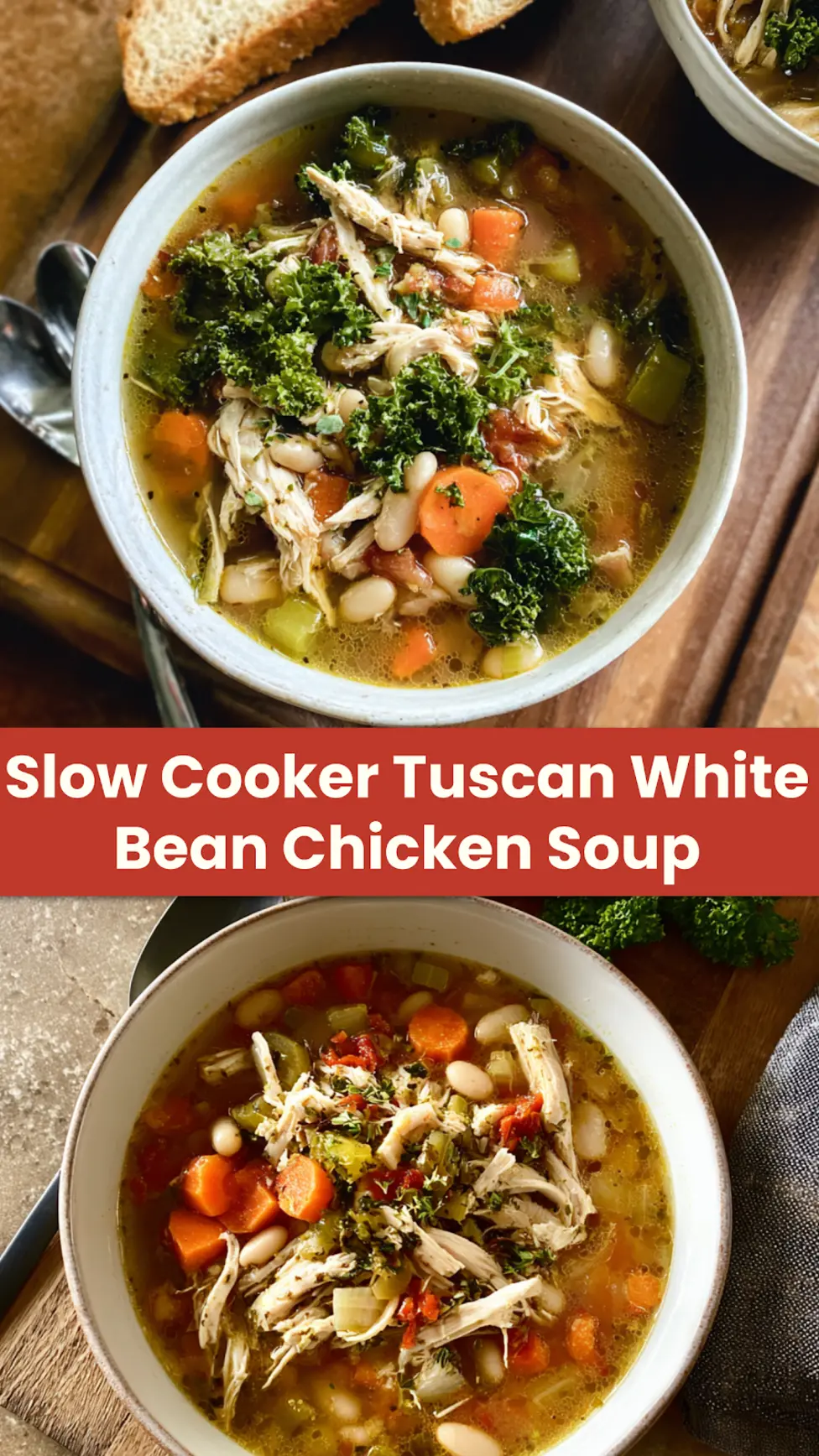Slow Cooker Tuscan White Bean Chicken Soup recipe, served and ready to eat, easy homemade dinner