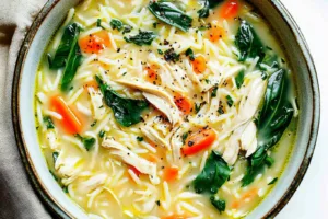 SPRING CHICKEN SOUP LEMON ORZO recipe, served and ready to eat, easy homemade dinner