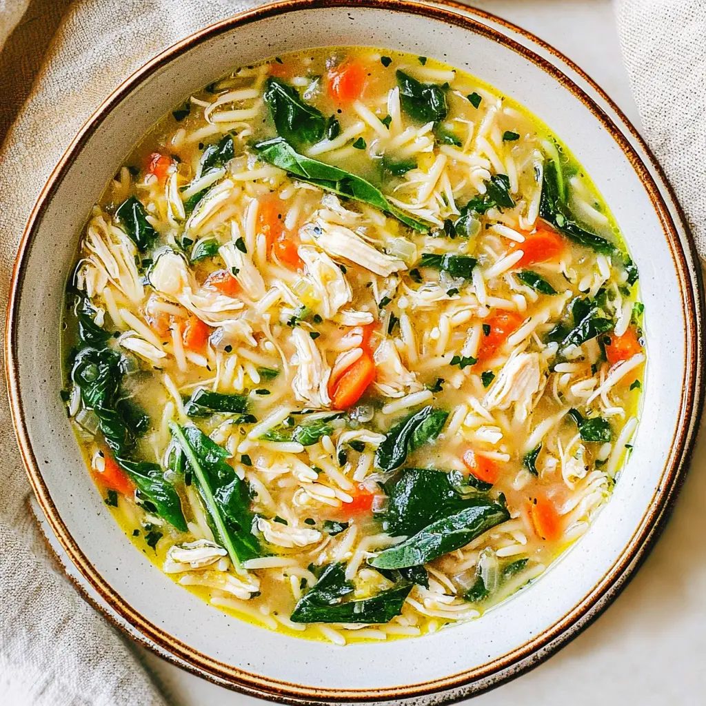 Spring chicken soup with lemon and orzo, served in a bowl and ready to eat