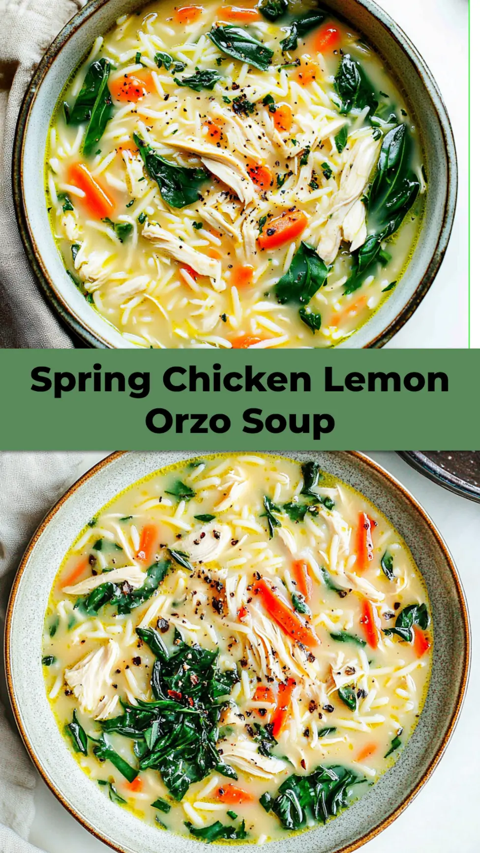 Spring chicken soup with lemon and orzo, pinnable recipe image