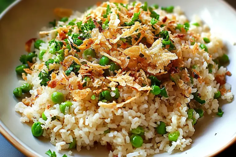 SPRING PEA PULAO RICE CRISPY SHALLOTS recipe, served and ready to eat, easy homemade dinner