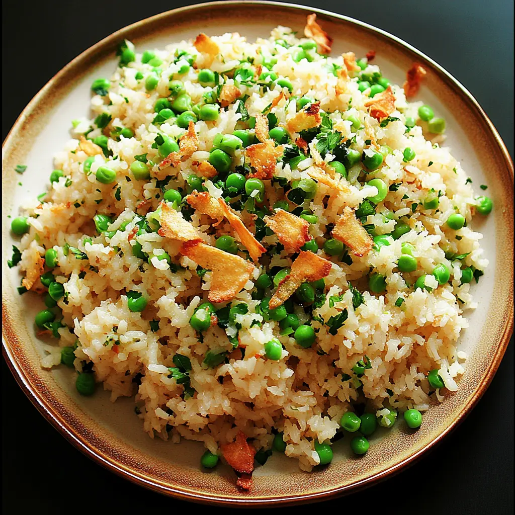 Spring Pea Pulao Rice with Crispy Shallots served in a bowl, ready to eat