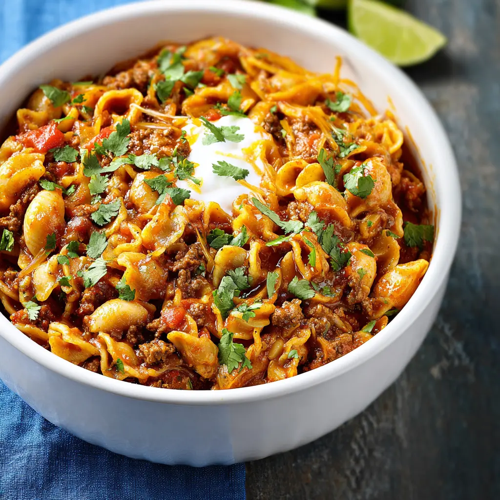 Taco pasta slow cooker recipe served in a bowl, easy homemade dinner