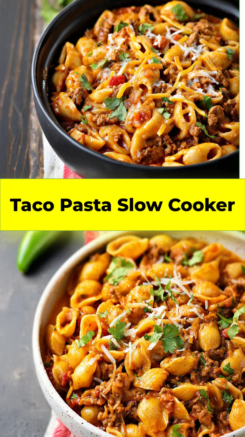 Taco pasta slow cooker recipe served in a bowl, easy homemade dinner
