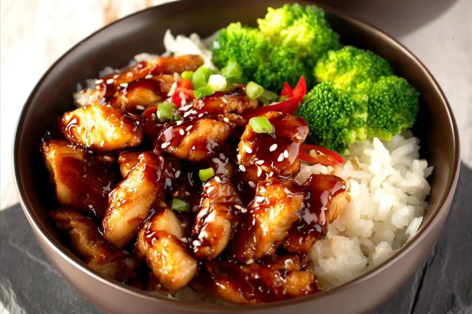 Teriyaki Chicken Rice Bowl recipe, served and ready to eat, easy homemade dinner