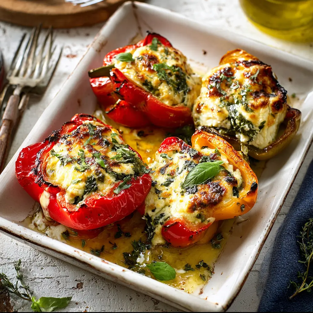 Tuscan Ricotta Stuffed Peppers recipe, served and ready to eat, easy homemade dinner