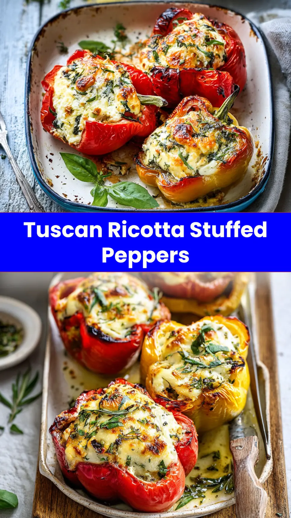 Tuscan Ricotta Stuffed Peppers recipe, served and ready to eat, easy homemade dinner
