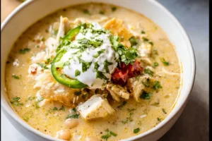 White Chicken Chili Crockpot recipe, served and ready to eat, easy homemade dinner