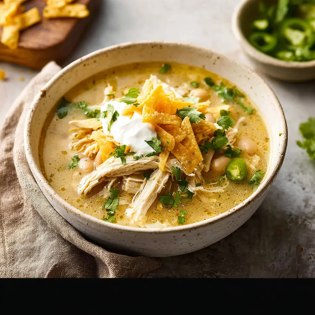 White Chicken Chili Crockpot recipe, served and ready to eat, easy homemade dinner