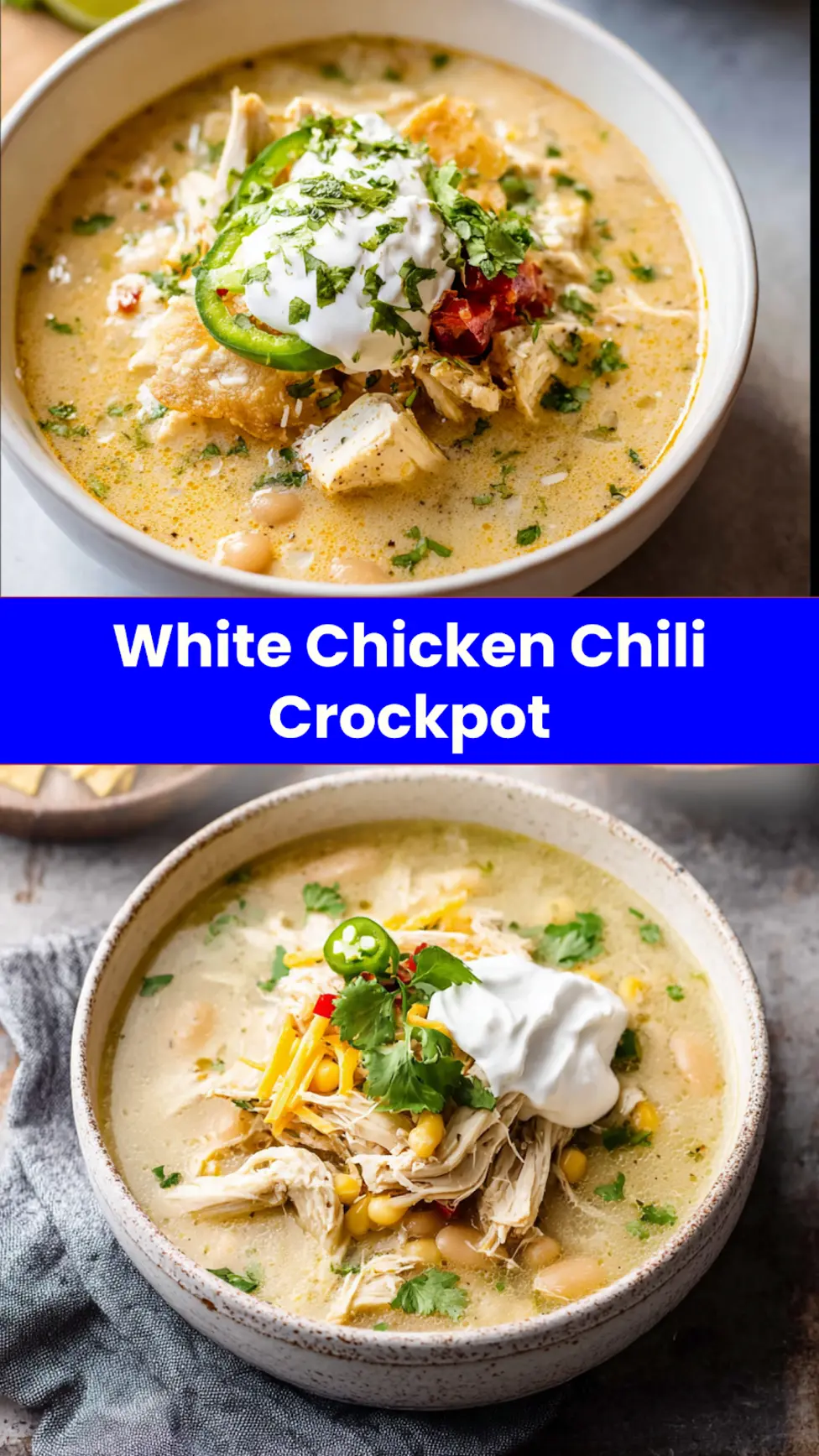 White Chicken Chili Crockpot recipe, served and ready to eat, easy homemade dinner