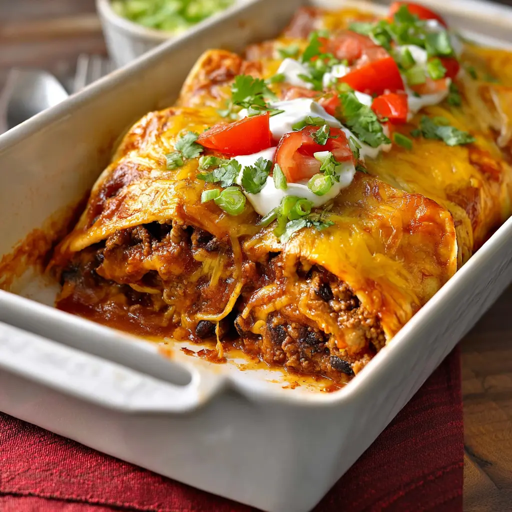 Beef Enchilada Casserole Baked recipe, served and ready to eat, easy homemade dish