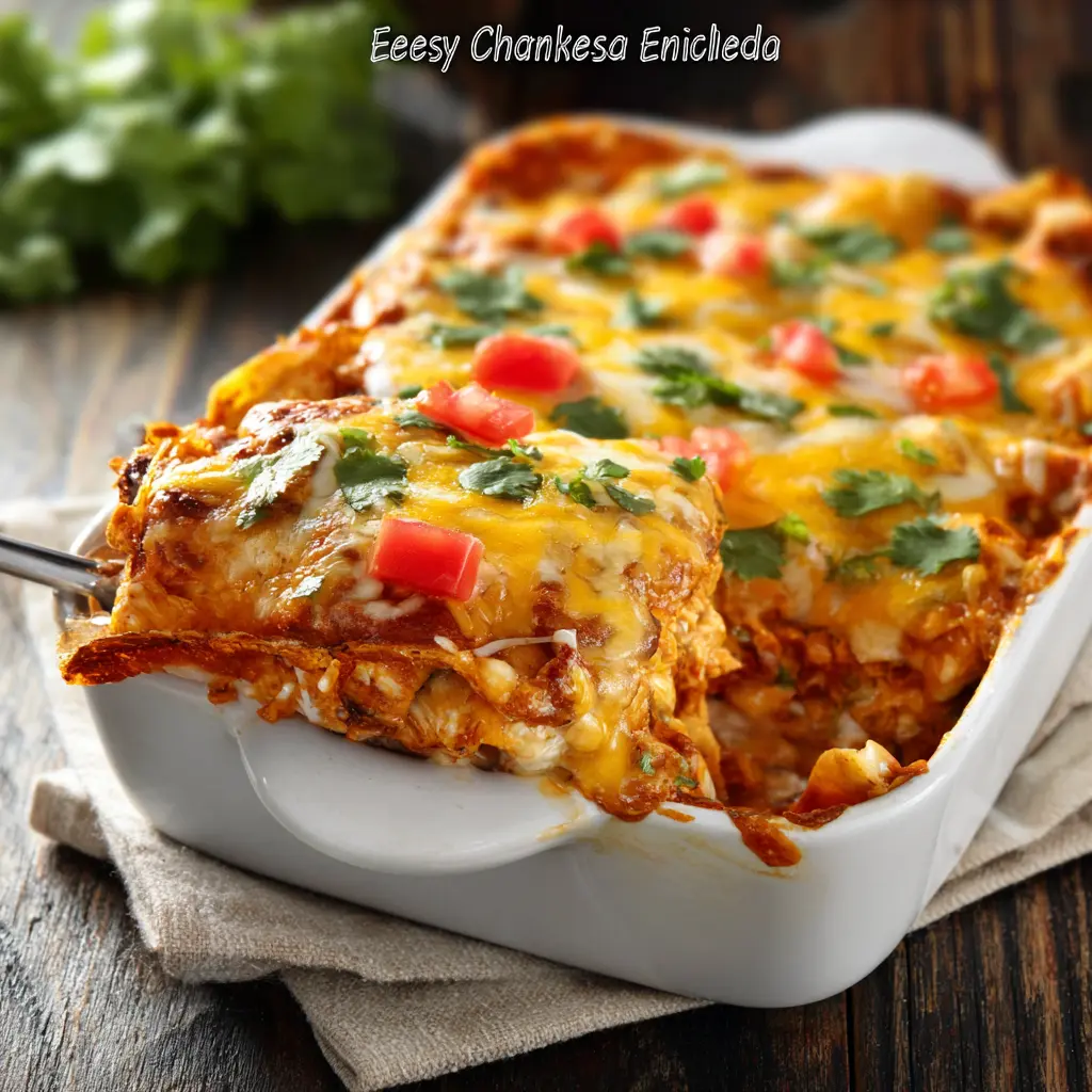 Cheesy Chicken Enchilada Casserole recipe, served and ready to eat, easy homemade dish