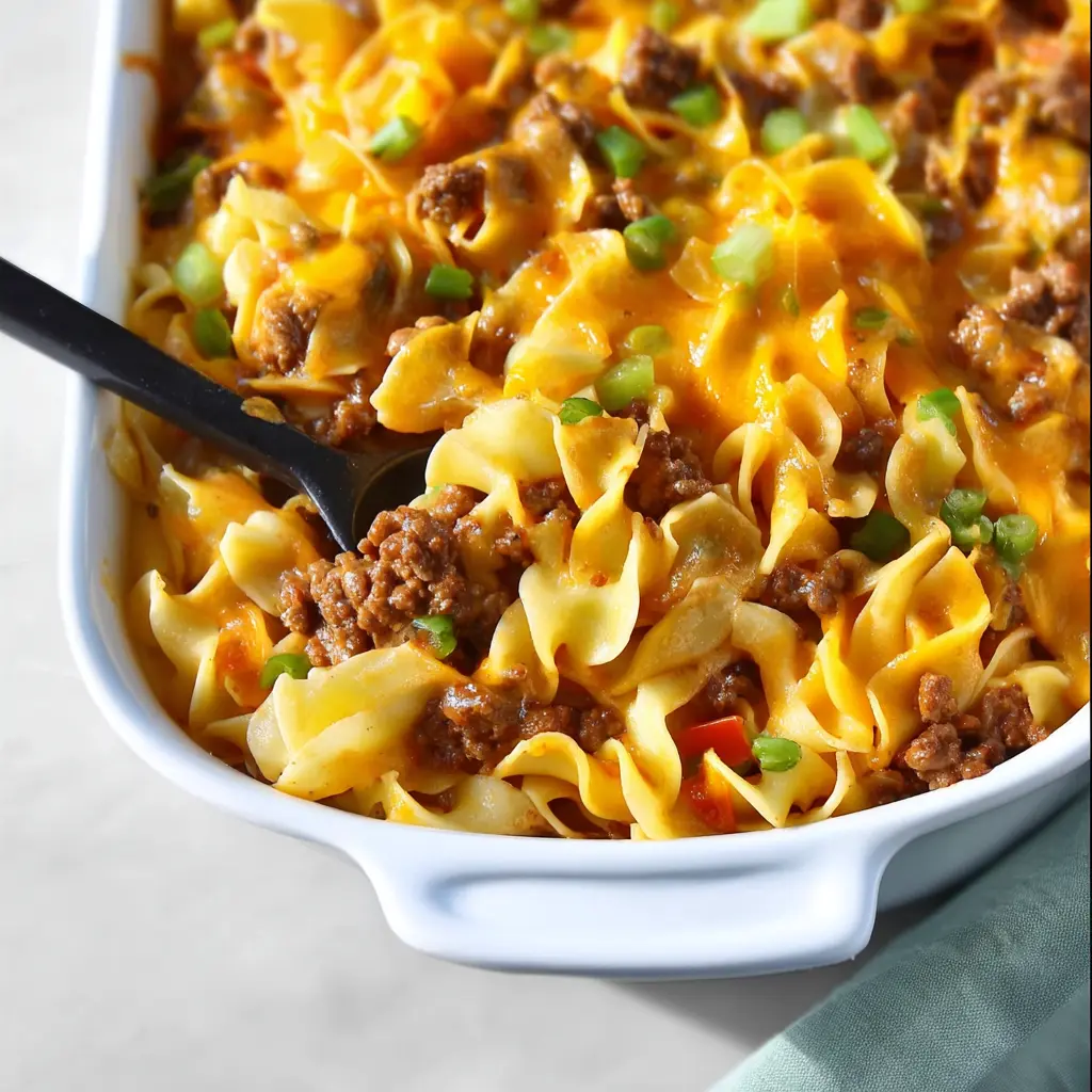 Cheesy Ground Beef Noodle Casserole Cozy Satisfying Dinner Your Family Will Love 1 Cheesy Ground Beef Noodle Casserole recipe, served and ready to eat, easy homemade dish