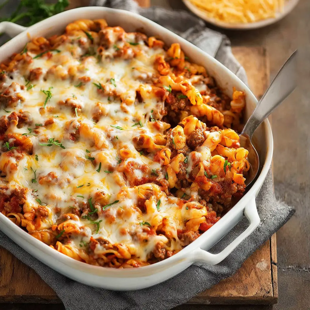CHEESY GROUND BEEF PASTA BAKE recipe, served and ready to eat, easy homemade dish