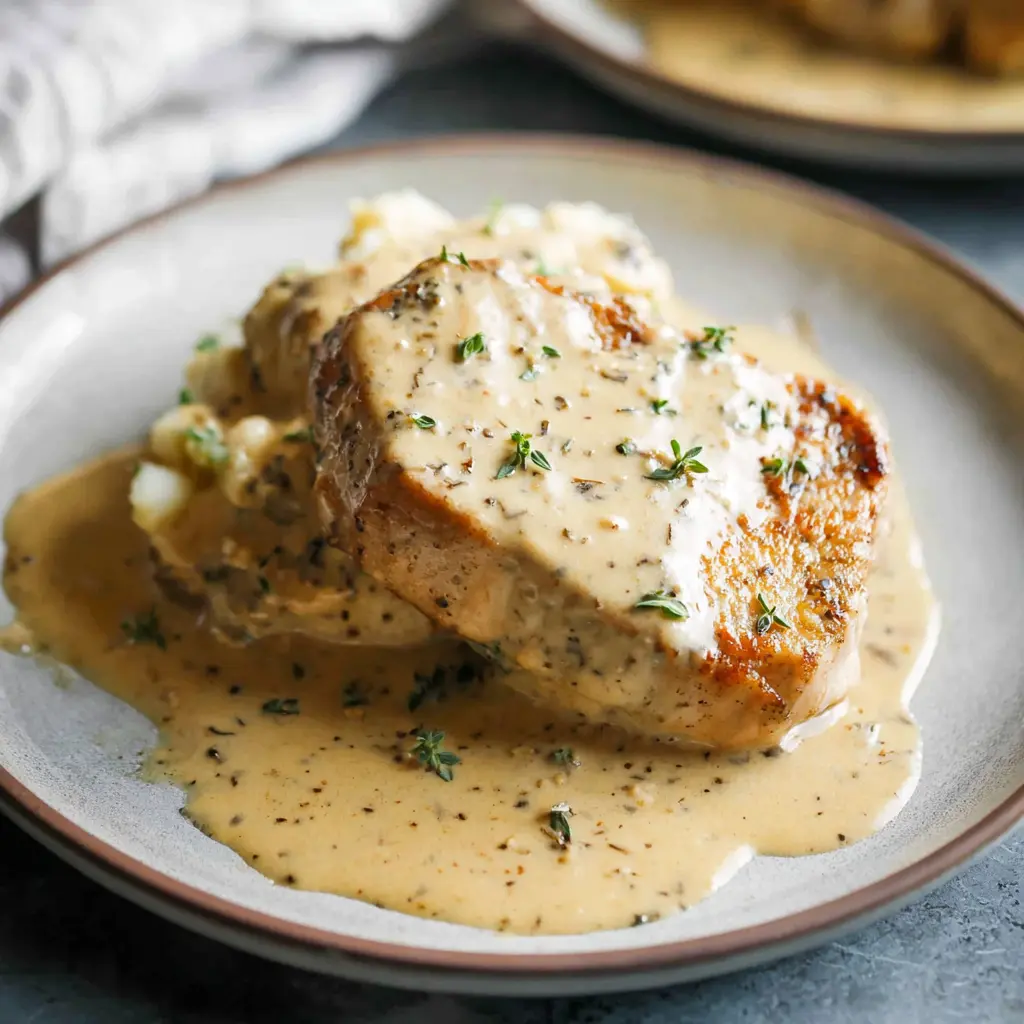 Creamy Ranch Pork Chops Crockpot recipe, served and ready to eat, easy homemade dish