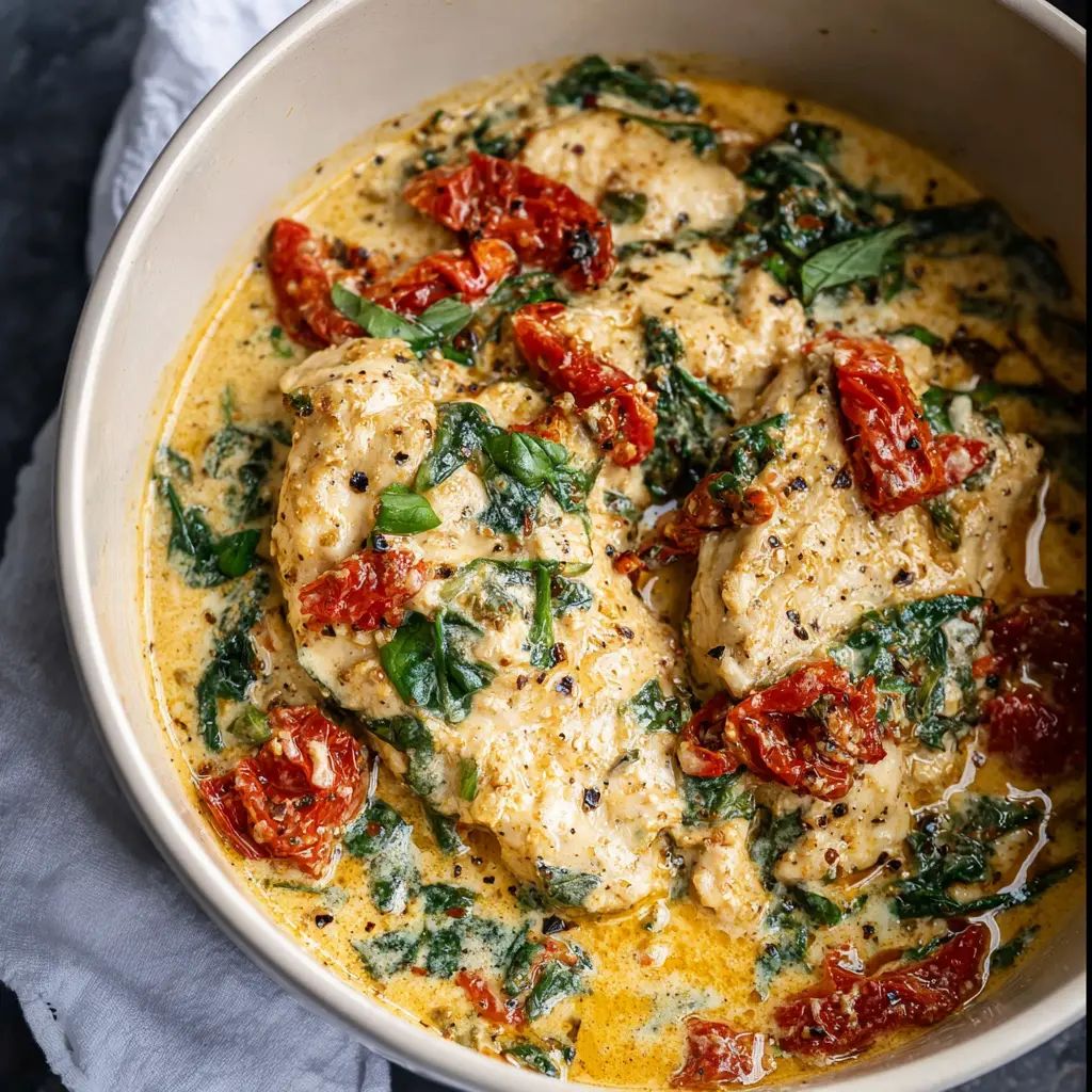 Creamy Slow Cooker Tuscan Chicken recipe, served and ready to eat, easy homemade dish