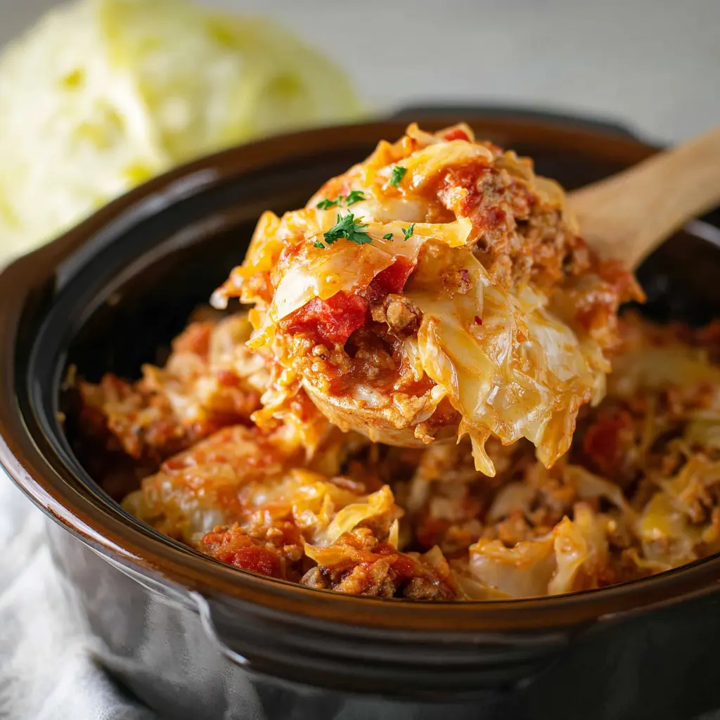 Crockpot Cabbage Roll Casserole Cozy New Way to Make a Real Family Favorite 1 Crockpot Cabbage Roll Casserole recipe, served and ready to eat, easy homemade dish