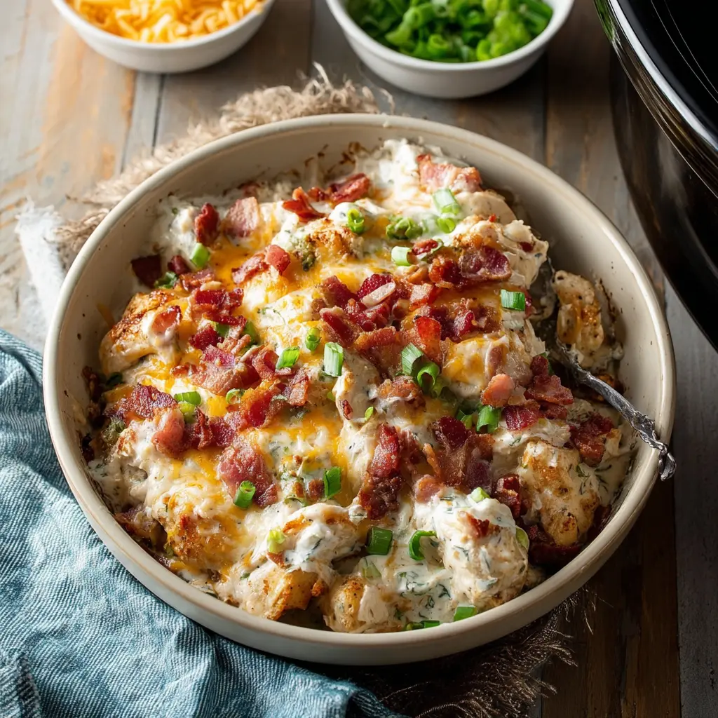 Crockpot Chicken Bacon Ranch recipe, served and ready to eat, easy homemade dish