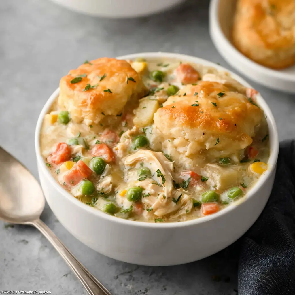 Crockpot Chicken Pot Pie Dump recipe, served and ready to eat, easy homemade dish