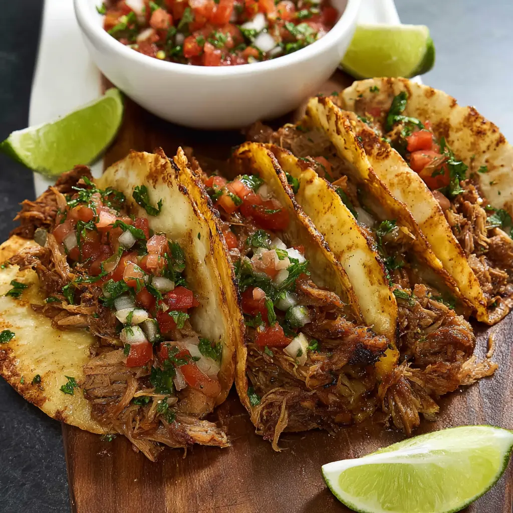 Crockpot Pork Carnitas Tacos recipe, served and ready to eat, easy homemade dish