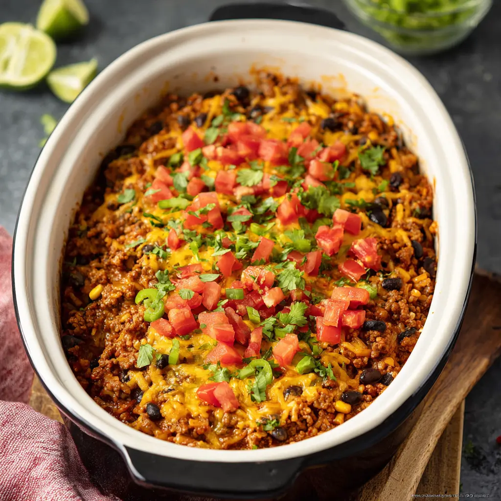 Crockpot Taco Casserole Ground Beef Cozy Cheesy Dinner the Whole Family Will Love 1 Crockpot Taco Casserole Ground Beef recipe, served and ready to eat, easy homemade dish