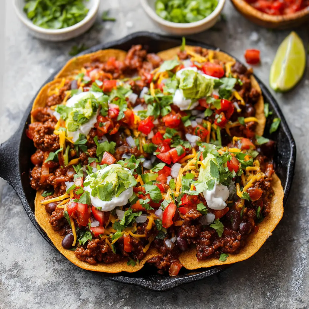 Ground Beef Tostada Skillet recipe, served and ready to eat, easy homemade dish