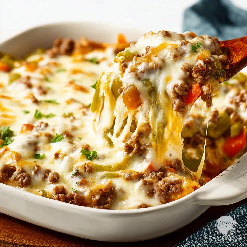 Philly Cheesesteak Casserole Ground Beef Cozy Satisfying Dinner Your Family Will Love 1 Philly Cheesesteak Casserole Ground Beef recipe, served and ready to eat, easy homemade dish