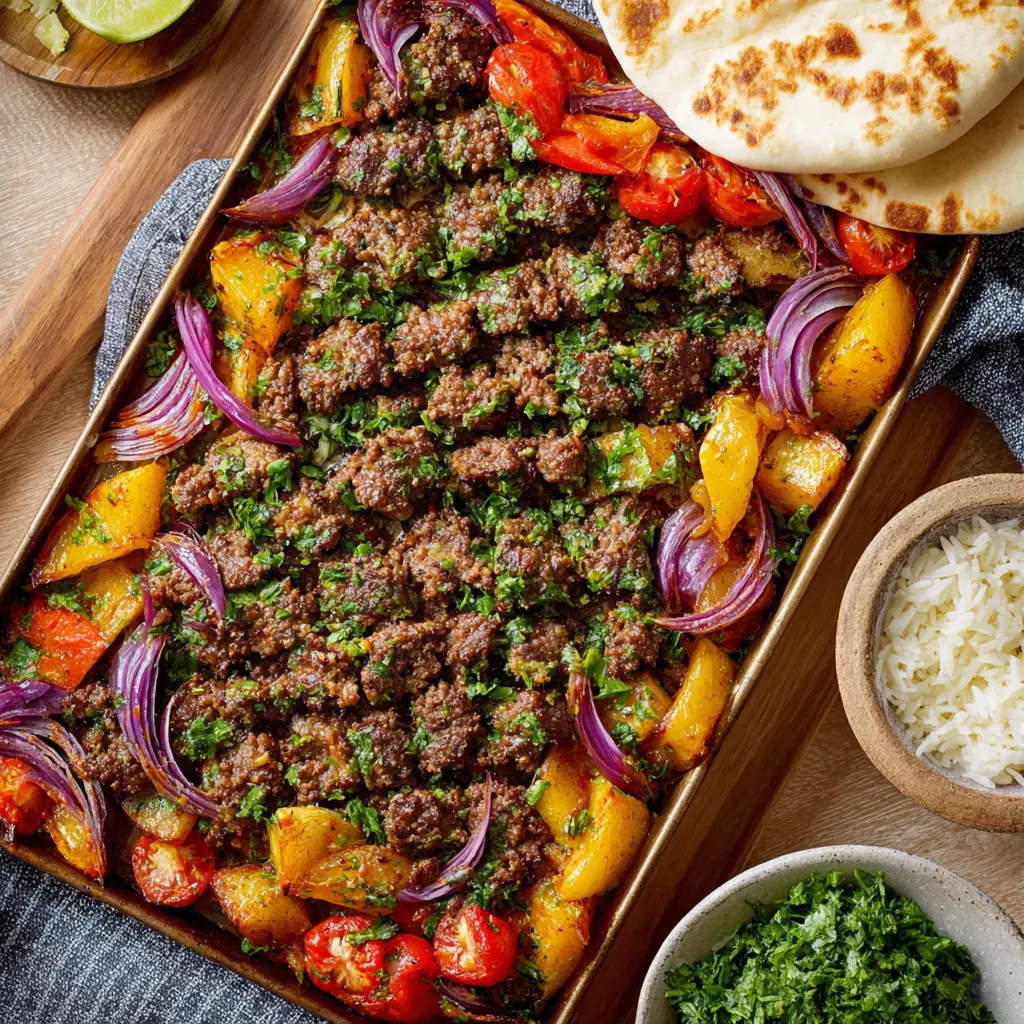 Sheet Pan Ground Beef Dinner Cozy Families Really Love and Make Again 1 Sheet Pan Ground Beef Dinner recipe, served and ready to eat, easy homemade dish