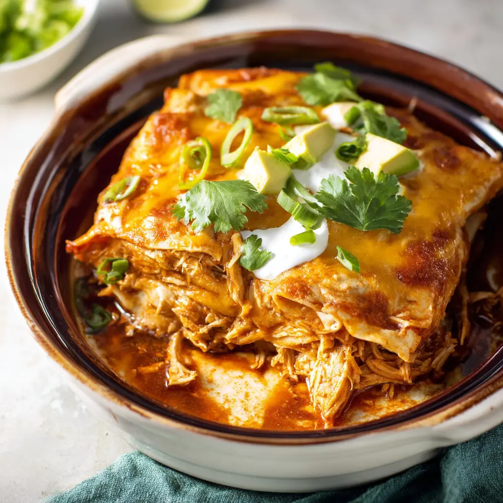Slow Cooker Chicken Enchilada Casserole Warm Cheesy Real Family Comfort 1 Slow Cooker Chicken Enchilada Casserole recipe, served and ready to eat, easy homemade dish