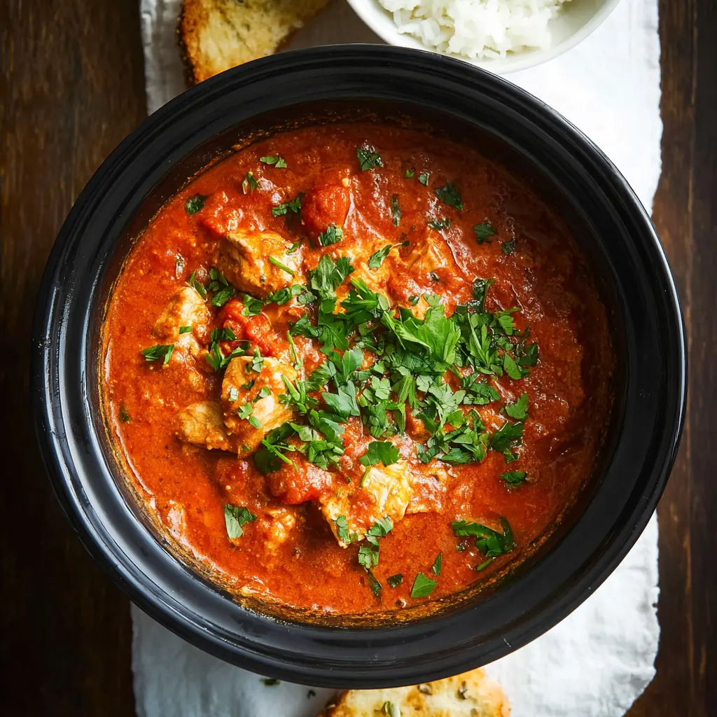 Slow Cooker Chicken Tikka Masala recipe, served and ready to eat, easy homemade dish