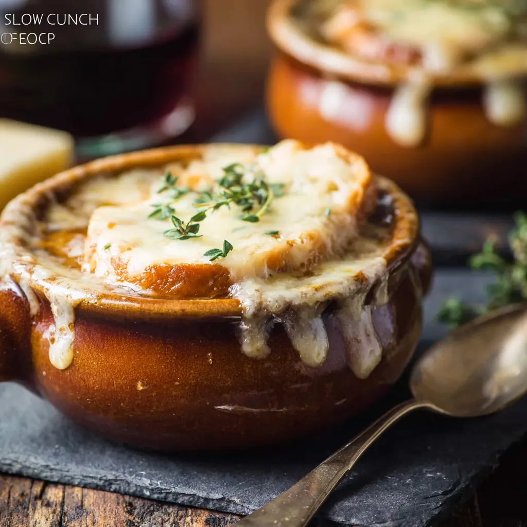 Slow Cooker French Onion Soup Rich Comforting Recipe You Need to Make Now 1 Slow Cooker French Onion Soup recipe, served and ready to eat, easy homemade dish