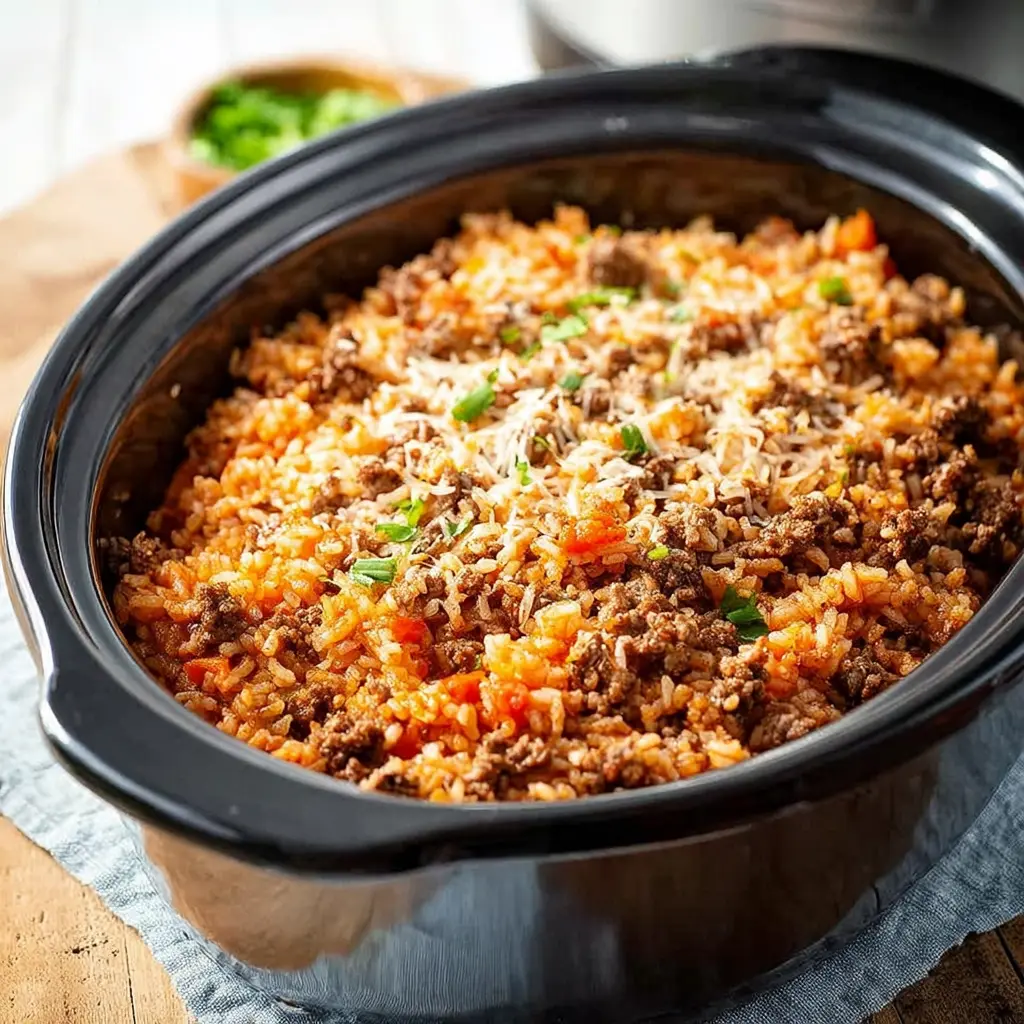 Slow Cooker Ground Beef Rice Casserole recipe, served and ready to eat, easy homemade dish